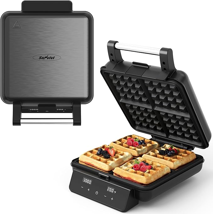 Sunvivi Waffle Maker 4 Slices with Quick Heat-Up, Time & Temperature Control, LCD Display, Nonstick Surface, Stainless Steel, Perfect Waffle Iron for Kids and Families, Black