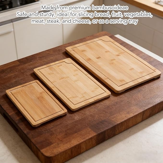 Chopping Board,3Pcs Wooden Cutting Boards with Built in Handles Liquid Grooves for Kitchen Meat Vegetable