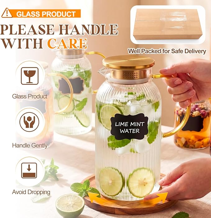 Lounsweer 5 Pack Glass Pitcher with Lid, 68 oz/ 2 Liter Vertical Stripes Water Pitcher with Yellow Handle Mini Rectangle Chalkboard Label and Sponge Cup Brush Housewarming Gifts, Hot and Cold Drinks