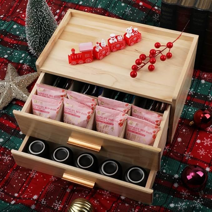 Tea Organizers and Storage Box with Drawer Tea Station organizer for Countertop with 8 Compartments Pine Wood Tea Bag Organizer with Drawer Teabag Holder with 4 Cotton Woven Coasters（Wood02）