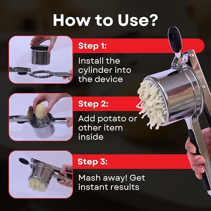 Large 15oz Potato Ricer - Professional 430 Stainless Steel Masher for Fluffy Mashed Potatoes, Gnocchi, Guacamole & Baby Food - Ergonomic Non-Slip Handles, Heavy Duty & Dishwasher Safe Kitchen Press