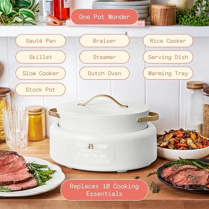 10-in-1 Electric Multi-Cooker, 6-quart, digital display, 10 cooking functions, non-stick pot, easy one-touch control (White Icing)