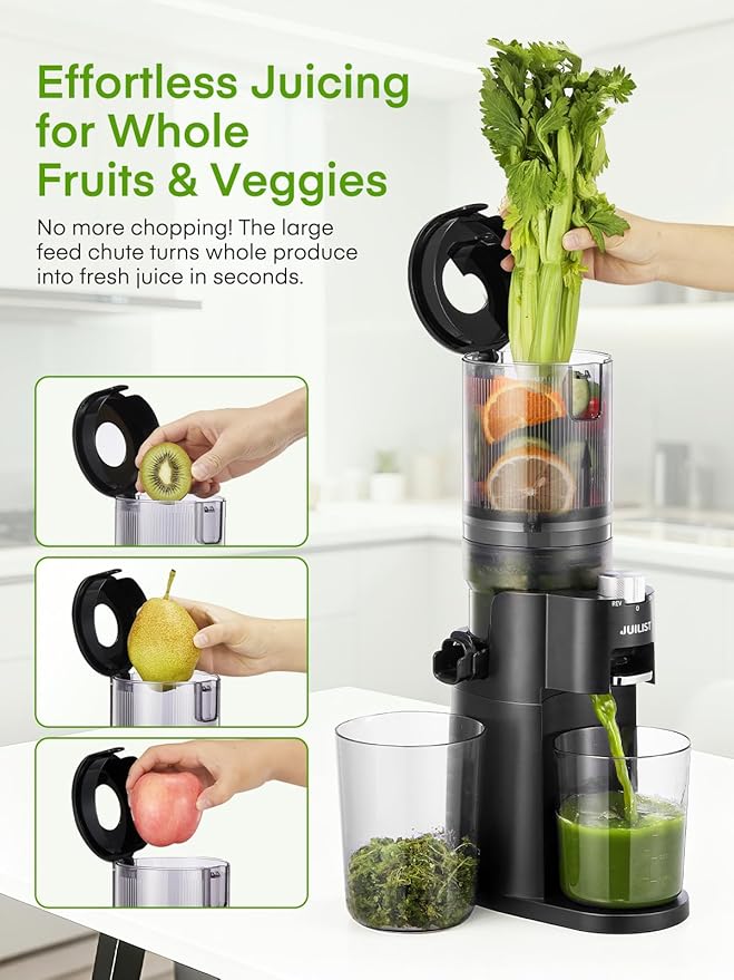 Juilist Cold Press Juicer, High Yield, Quiet Masticating Slow Juicer, Nutrient Preservation, Easy to Clean, Space Saving, Whole Fruit Vegetable Juicer for Home Use, BPA Free (Black)