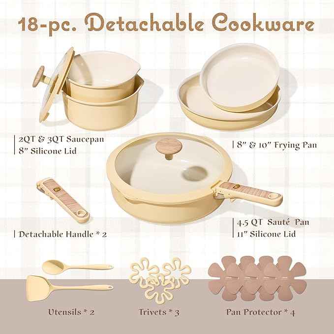 CAROTE 18 Pcs Ceramic Cookware Set Detachable Handle, Non Toxic Pots and Pans Set Non Stick, Induction Kitchen Cookware Removable Handles, Oven Safe, Stackable RV/Camping Cooking Set, Yellow