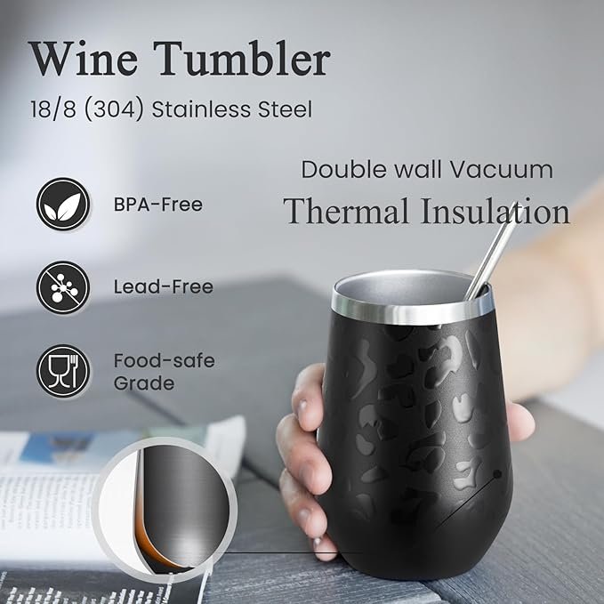 MEWAY 12oz Insulated Wine Tumbler Set of 8 - Double Wall Stainless Steel Stemless Wine cups Glasses with Lids, Gift for Family and Gifts, Prizes for adults(Black Leopard,Set of 8)