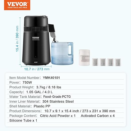 VEVOR Water Distiller, 4L/ 1.05 Gallon Pure Water Distilling for Home Countertop, 750W Distilled Water Maker, 304 Stainless Steel Interior Stiller Water Making Machine to Make Clean Water, Black