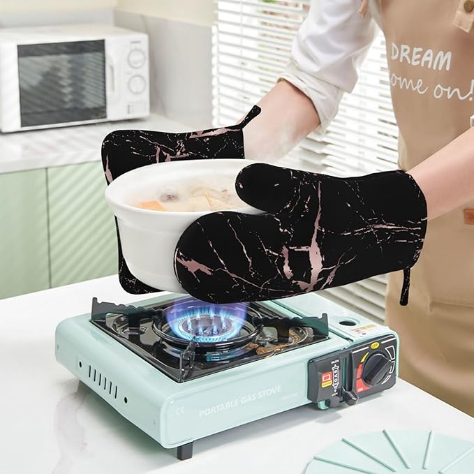 Rose Gold Black Marble Modern Oven Mitts and Pot Holders Sets of 4, Heat Resistant Silicone Oven Mittens and Potholders Gloves Hot Pads for Kitchen Cooking Baking Grilling BBQ Chef