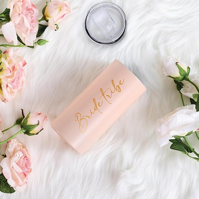 Bride Tribe Gifts Wedding Gifts for Guests Bachelorette Party Favors Bridesmaid Cups Bridal Shower Stainless Steel Skinny Tumbler with Lid and Straw 15 OZ Pink