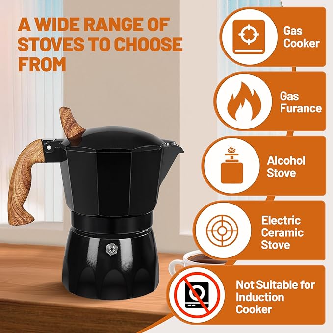 3 Cup Aluminum Espresso Stovetop Moka Pot Express Coffee Maker Percolator Italian Classic Mocha Coffee Machine for Italian and Cuban Cafe Brewing for Home & Camping 150ml 5oz