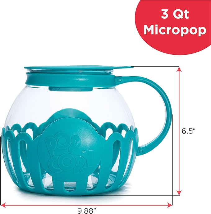 Ecolution Patented Micro-Pop Microwave Popcorn Popper with Temperature Safe Glass,3-in-1 Lid Measures Kernels and Melts Butter,Made Without BPA,Dishwasher Safe,3-Quart,Teal,(Pack of 4)