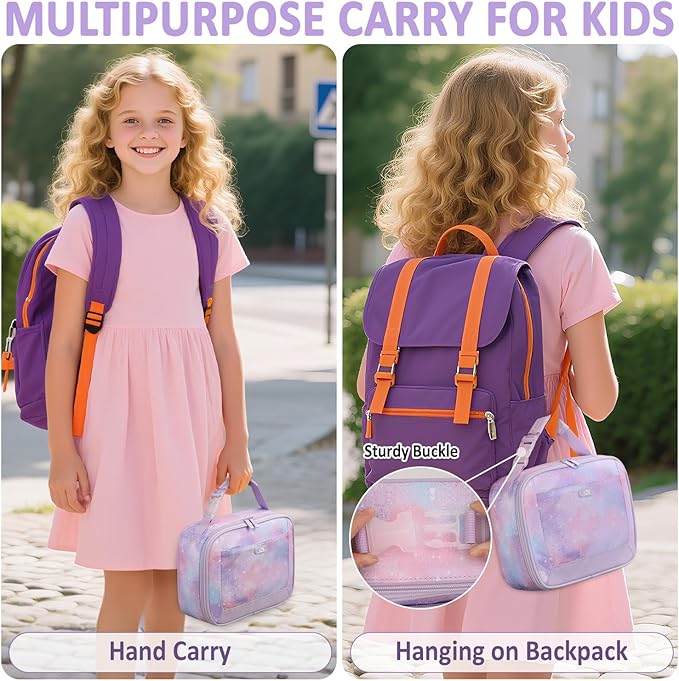 Lunch Box Kids Insulated Lunch Bag for Boys Girls Cute Reusable Lunch Tote Bag Waterproof Portable Thermal Lunch Box Kids for School Picnic Travel Light Purple Starry Sky