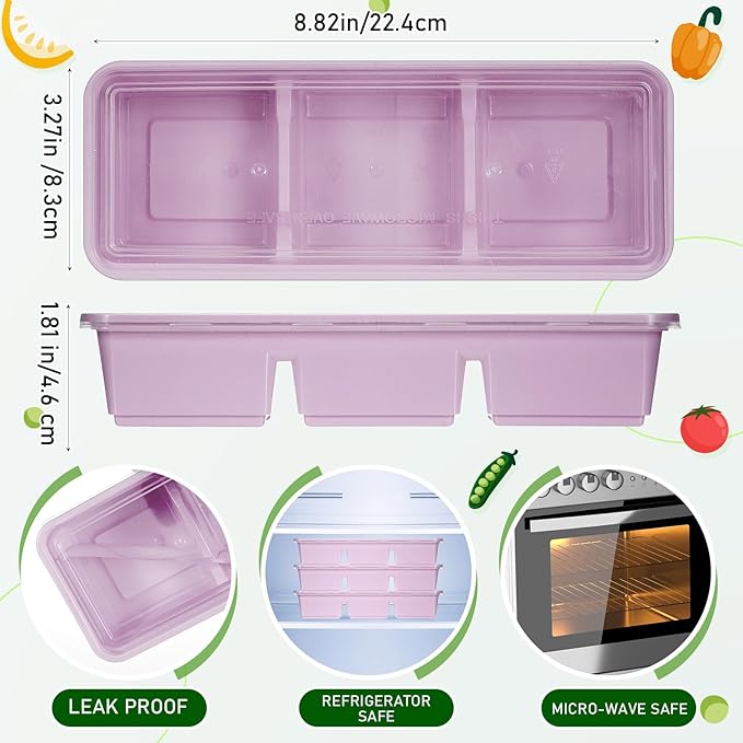 Hushee 10 Pack 17 oz Small Meal Prep Containers with 3 Compartments Snack Containers with Lid Disposable Plastic Bento Box Travel Lunch Food Boxes Stackable for Office Picnic (Purple)