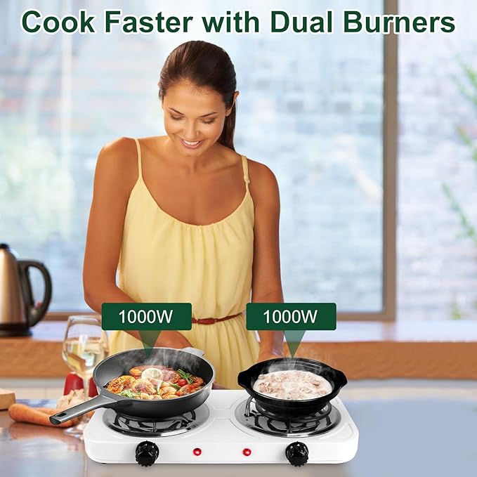 Double Burner Cooktop, 2000W Portable Electric Stove, 5 Level Temperature Control, Easy to Clean, Power Indicator Lights, Coil Hot Plate for Home Dorm Camping Cooking