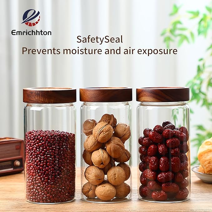 40.5 fl.oz -3 pack Glass Jars with screw Acacia Lids, Glass Food Storage Containers with Airtight Lids, Glass Container Jar Set for Coffee, Nut, Candy, Cereal, Sugar, Snacks, Blooming Tea,Spice