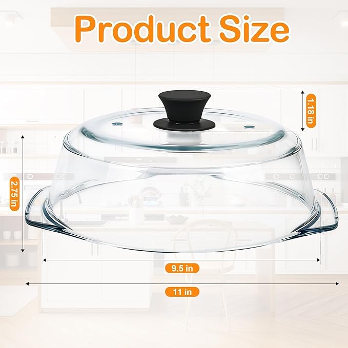 Glass Microwave Splatter Cover for Food with Microwave Place Mat - Sturdy Plate Guard Lid with Vent Holes and Easy-Grip Silicone Handle - BPA Free, Dishwasher Safe (Black)
