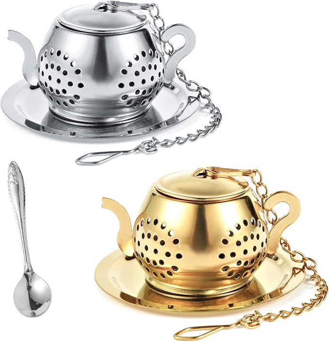 2-Pack Premium Tea Infusers with Spoon – 304 Stainless Steel Loose Leaf Tea Strainer & Steeper – Cute Teapot Design for a Thoughtful Brewing Journey