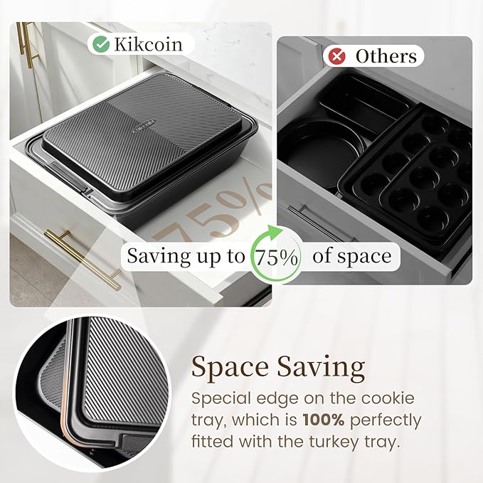 Kikcoin 25 PCS Stackable Baking Pans Set, Non-stick Bakeware Sets with Silicone Handles, 450°F Oven Safe Cookie Sheets for Baking, Easy Release Heavy-duty Baking Sheets Non Stick, Black