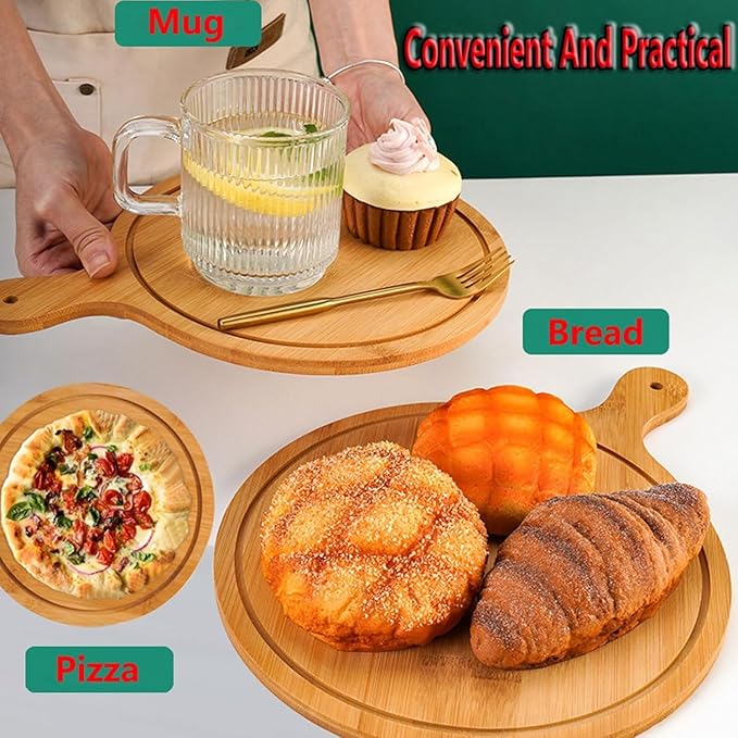 6 Pack Pizza Board Set – Premium Wooden Pizza Plates for Serving & Cutting, Round Bamboo Pizza Plate with Handle, Durable & Lightweight for Home & Restaurant (Up to 13 Inches),7inch