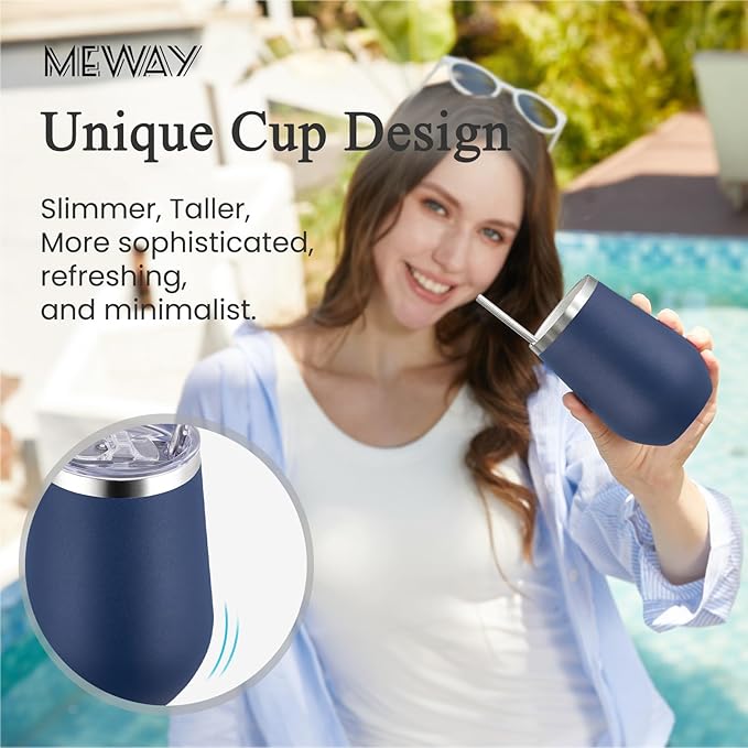 MEWAY Durable 12oz Stainless Steel Wine Tumbler with Lid and straw - Vacuum Insulated Coffee and Wine Cup for Travel, Parties, and Outdoor Events(Navy,1)