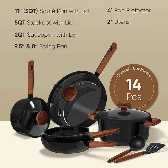 CAROTE ceramic cookware set,nonstick pots and pans，14PCS Non Toxic Healthy Non Stick Kitchen Cooking Pots and Frying Pans Set, PFAS PTFE Free