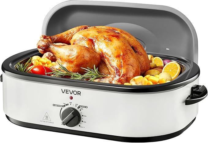 VEVOR Roaster Oven, 18QT Electric Roaster Oven, 150-450℉ Adjustable Temperature Electric Roasting Pan, Multifunctional Electric Roasters with Self-Basting Lid, Removable Pan and Rack for Holiday