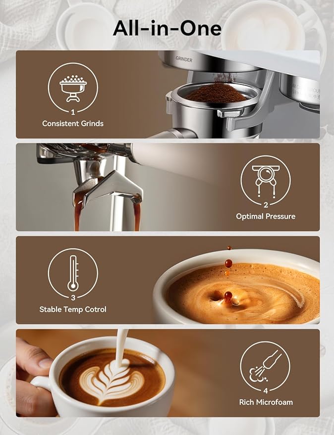 COUPLUX Espresso Machine with Grinder, 58MM Café (2026 UPGRADED) Espresso Machine with Anti-Static Grinder/Milk Steam Wand 15 Bar Espresso Coffee Machines For Home Cappuccino & Latte Stainless Steel