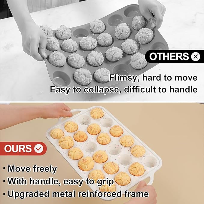 CAKETIME Metal Reinforced Frame Silicone Cupcake Pans-24 Cups 2Pcs & 4 Inch Metal Frame Round Egg Baking Pan 2Pcs