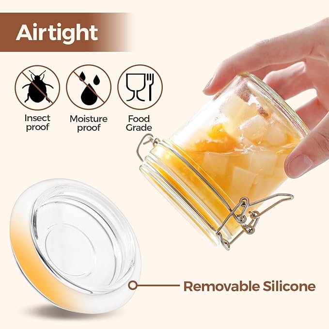 ComSaf 8oz Glass Jars with Airtight Lids (Set of 6), Cylindrical Jelly & Spice Jars for Pantry Organization, 240ml Small Canisters with Wire Clamp for Sourdough Discard, Jam, Honey & More