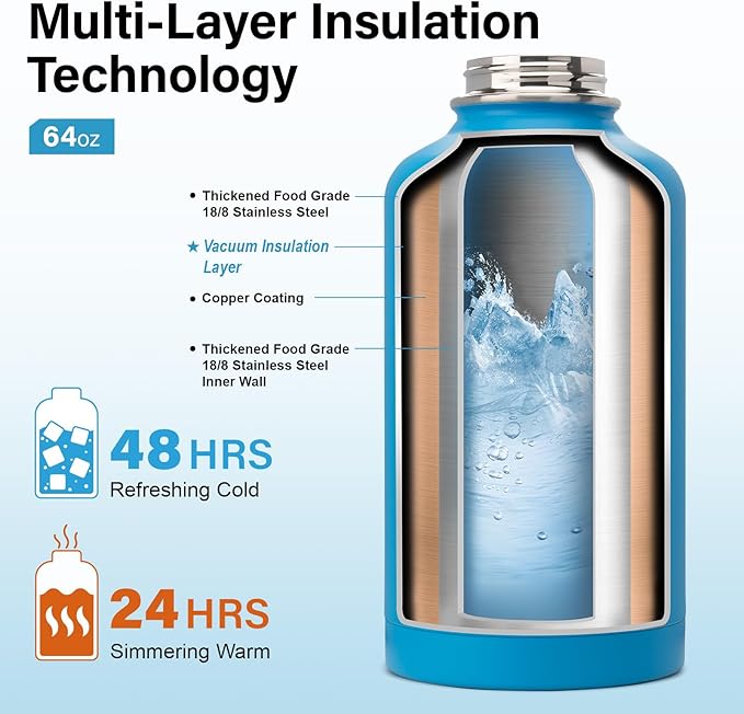 DYSANKY Insulated Water Bottle | Thickened Stainless Steel Vacuum Metal | Portable Sports Half Gallon Large Water Jug for Gym and Hiking with Straw, Carrier Bag, Handle Strap | BPA-Free 64 oz