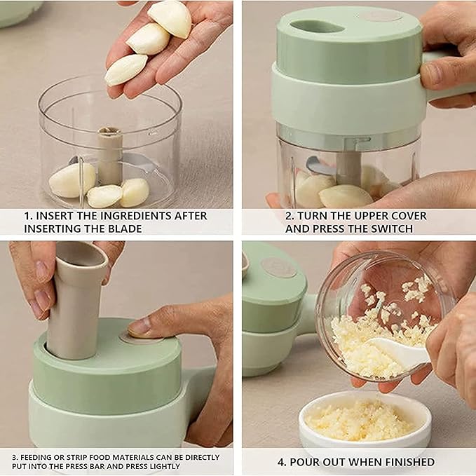 4 in 1Handheld Electric Vegetable Cutter,Wireless Food Processor,Mini Wireless Electric Garlic Mud Masher for Garlic Pepper Chili Onion Celery Ginger Meat with Brush