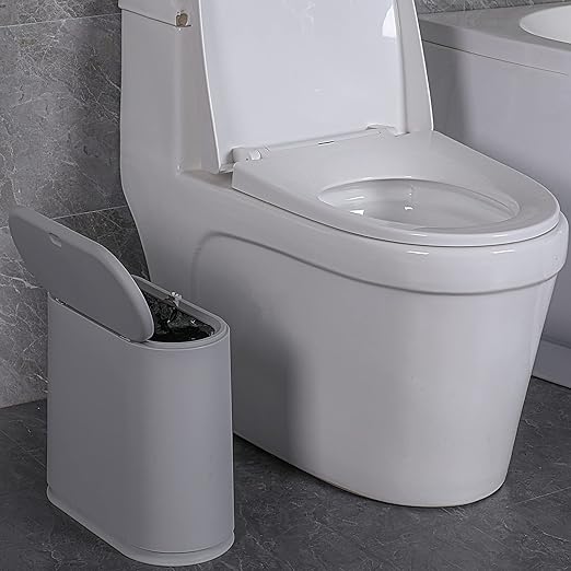 Sooyee 10 Liter Rectangular Slim Plastic Trash Can Wastebasket with Press Type Lid, 2.4 Gallon Garbage Container Bin for Bathroom, Powder Room, Bedroom, Kitchen, Craft Room, Office, Gray