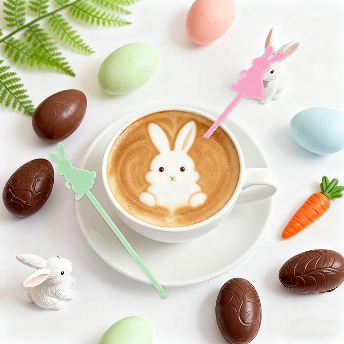 JarThenaAMCS 50 Pcs Easter Bunny Drink Stirrers Pastel Rabbit Plastic Swizzle Sticks Reusable Cocktail Stir Sticks for Coffee Tea Hot Cocoa Beverage Bar Home Party Supplies