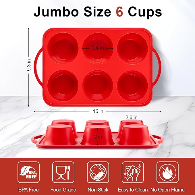 Puyeipt Jumbo Muffin Pan with Metal Frame, 6 Cup Large Cupcake Mold with Handles, Silicone Egg Bite Baking Tray, BPA Free & Non-Stick