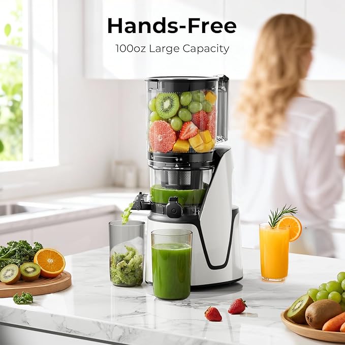 EanOruus Juicer Machines, 3-in-1 Cold Press Juicer with 6.5" Extra Large Chute, 100oz Large Capacity, AC Motor, Makes Juice, Nut Milk & Sorbet, Bright White