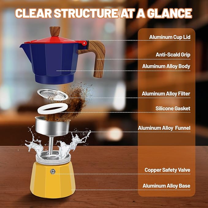 6 Cup Aluminum Espresso Stovetop Moka Pot Express Coffee Maker Percolator Italian Classic Mocha Coffee Machine for Italian and Cuban Cafe Brewing for Home Camping 300ml 10oz
