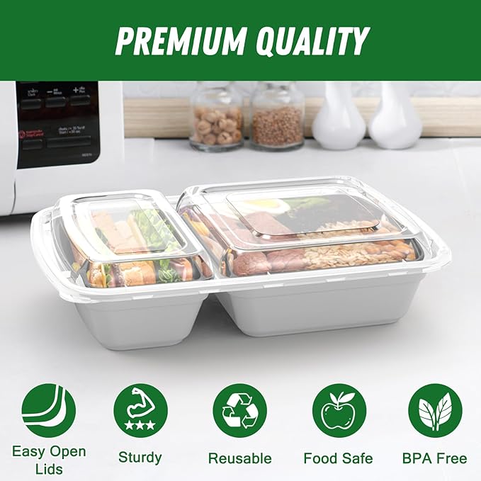 Dealusy 50 Pack (100-Piece) 28 oz Meal Prep Containers Reusable with Lids 2-Compartment, Sturdy Leakproof Food Safe, Microwave Freezer Dishwasher Safe, To Go Take Out Plastic Food Storage, Silver