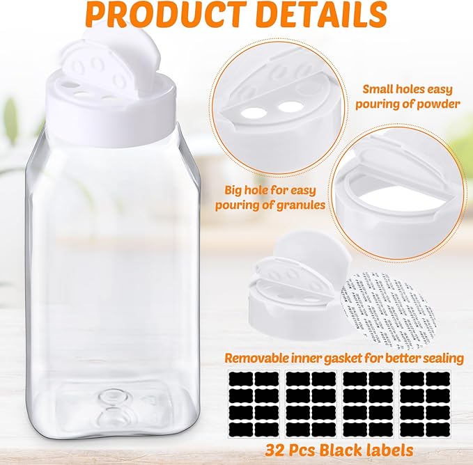Mifoci 28 Pack 16 oz Plastic Spice Jars with Cap Square Plastic Bottle Containers with Shaker Lids and Stickers Large Seasoning Shaker Empty Powder Storage Container for Storing Salt Herbs (White)