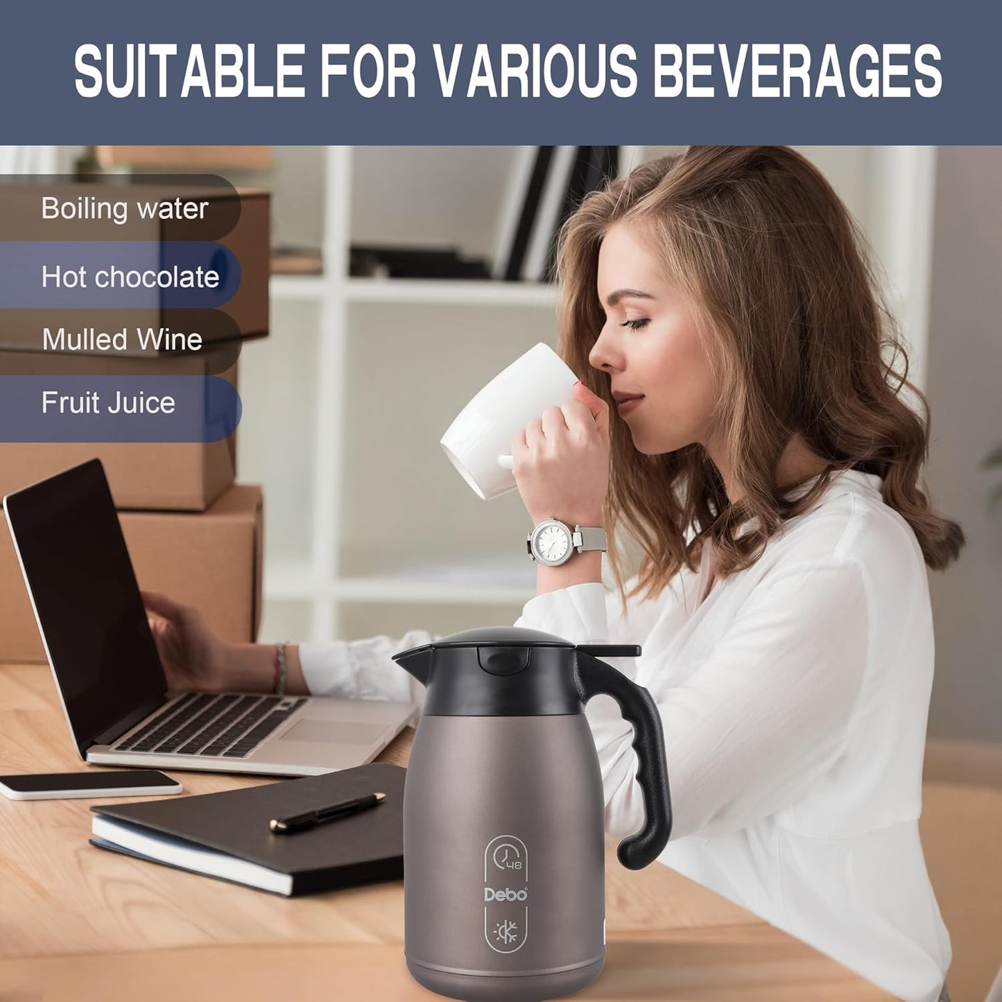 Thermal Coffee Carafe 56oz Large Capacity,Double-Walled Vacuum Insulated Stainless Steel Coffee Pot & Hot Beverage Server,BPA-Free,Keeps Hot Coffee Warm for Hours,Leak-Proof Design（Oatmeal）