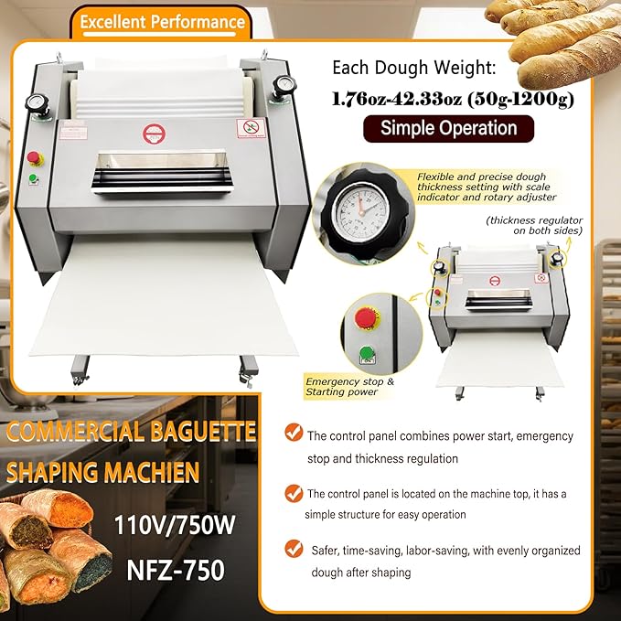 Commercial Baguette Shaper Machine 50g-1200g Adjustable Dough Roller for French Bread, 1800pcs/hr High-Capacity Bread Molder with Wool Belt, Bakery Equipment 110V