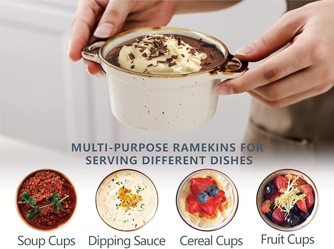 ONEMORE Ramekins with Lids, 6 oz Oven Safe Ceramic Mini Casserole Dish with Lid & Brown Rim for French Onion Soup, Speckled Mini Dutch Oven Cocotte Set of 4 for Individual Serving, Creamy White