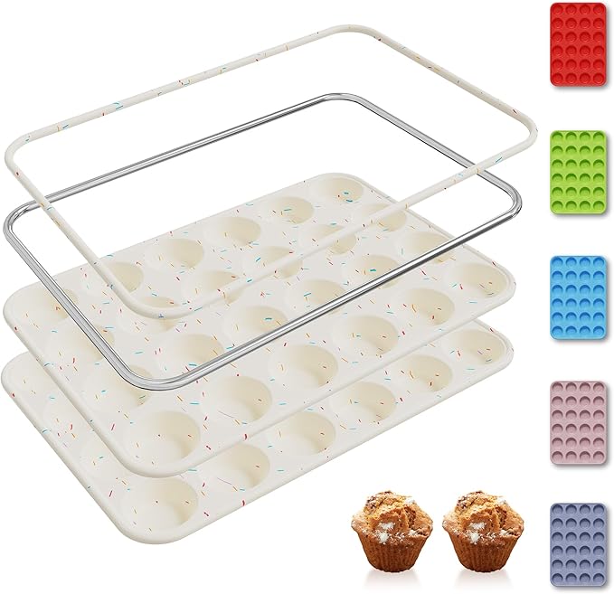 Socisen 2 Pack 24 Cups Silicone Mini Muffin Pan with Metal Reinforced Frame Silicone Molds Cupcake Cake Baking Cheesecake Pans Cookie Baking Chocoflan Cupcake Mold Mini Bundt Cake Pan Women Gift