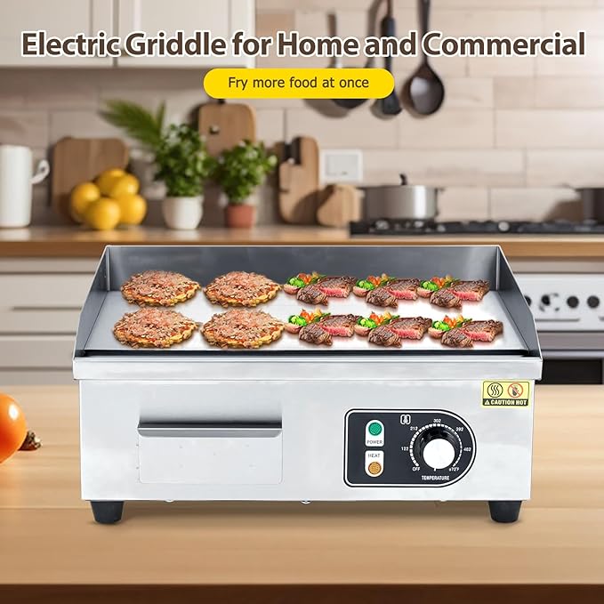 18" 1500W Stainless Steel Electric Griddle, Commercial Countertop Flat Top Grill with Adjustable 122–572°f Thermostat, Includes 2 Spatulas & Cleaning Brushes, Plug-in Grill for Indoor/Outdoor Cooking