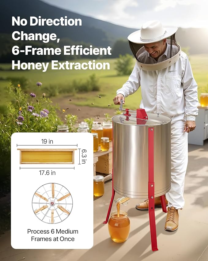 VEVOR Honey Extractor, 6 Frame Manual Honey Extractor with Transparent Lid, Honeycomb Drum Spinner with Height Adjustable Stand, Honeycomb Extraction Centrifuge Equipment for Beekeeping