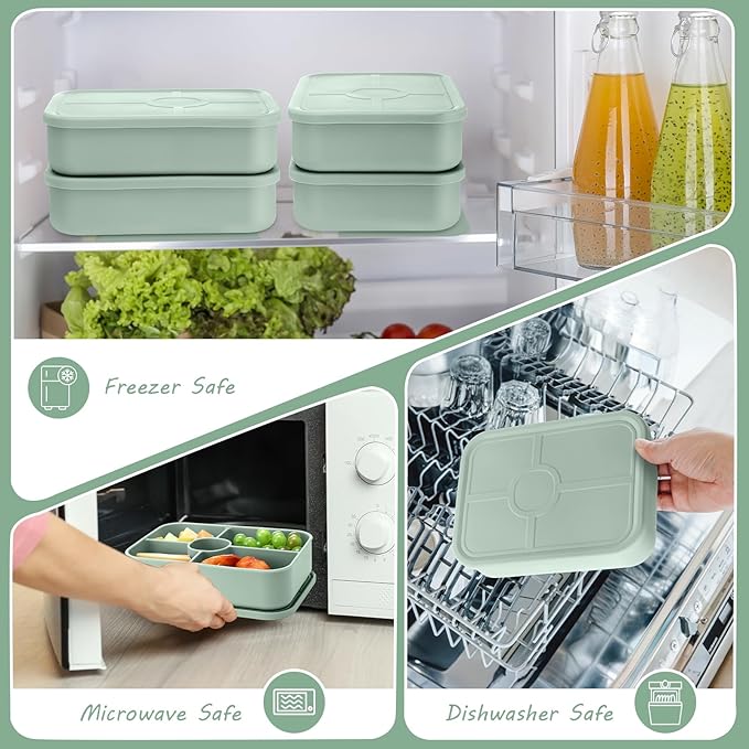 Jingmore 4 Pack Silicone Bento Boxes for Adults, 5 Compartment Reusable Lunch Containers with Sauce Section, Leakproof Meal Prep Snack Box Microwave & Dishwasher Safe for Office(Green)