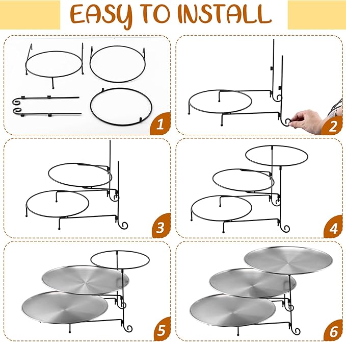 Domensi 7pcs Pizza Pan Riser Stands Sets Includes 1pcs Tiered Tray Stand 3 Stainless Steel Pizza Pan and 3 Wood Handle Knife for Tables Party Restaurant