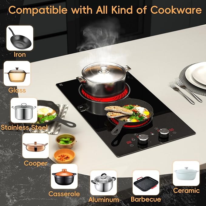 2 Burner Electric Cooktop 120V, 1800W Radiant Electric Stove Top with Countertop & Built-in Design, 12 inch Knob Control Ceramic Cooktop with Safety Lock, 9 Level Power, 99 Min Timer - Plug in
