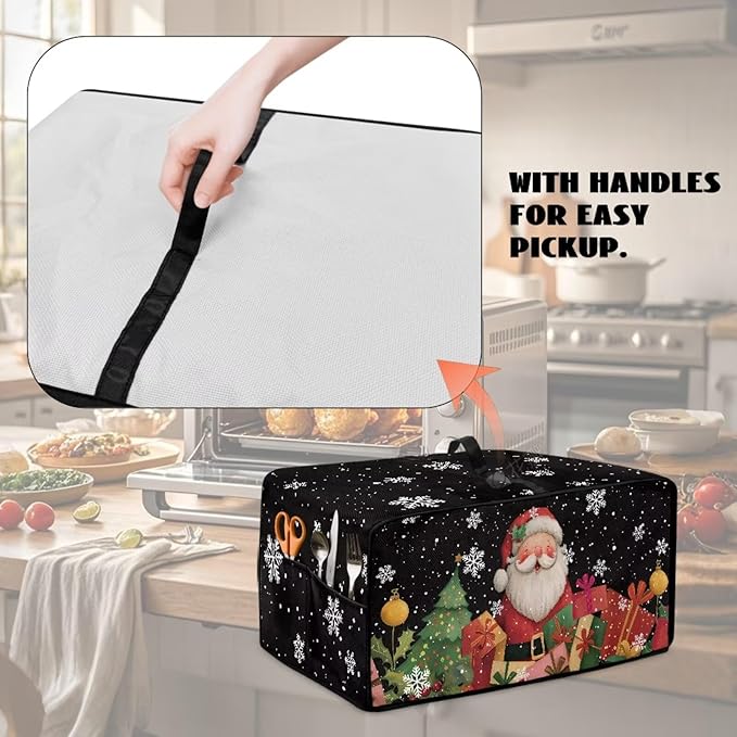 Toaster Oven Cover Dust-Proof Countertop Convection Oven Cover Protective Smart Microwave Oven Accessories and Decor, M, Santa Claus Snowflake Black Christmas Decor