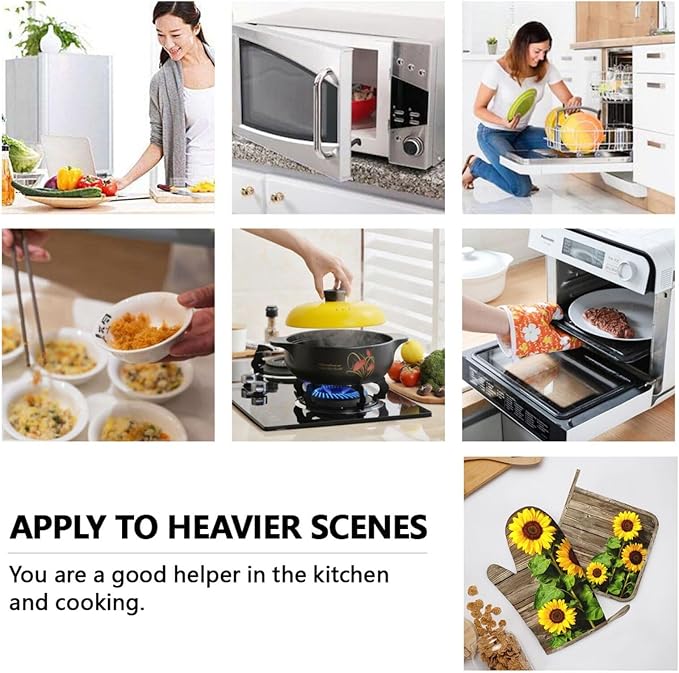 Sunflower Wooden Retro Oven Mitts and Pot Holders Sets of 4, Heat Resistant Silicone Oven Mittens and Potholders Gloves Hot Pads for Kitchen Cooking Baking Grilling BBQ Chef