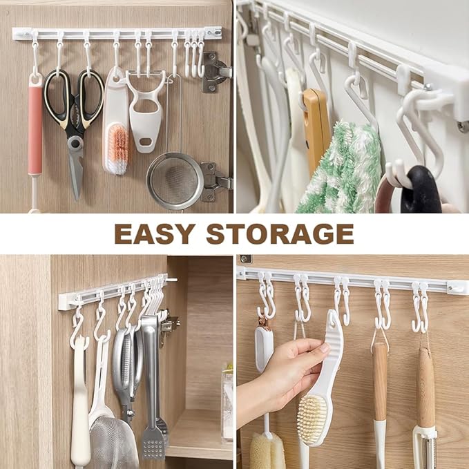 Multifunctional Slide Rail Hook,Kitchen Utensil Hanging Rack Wall Mounted Hanger,Space Saving Utensil Holder with 10 Hooks ,Sliding Track Hook No Drilling Hanger for Home Office (Length 30cm/1pcs)