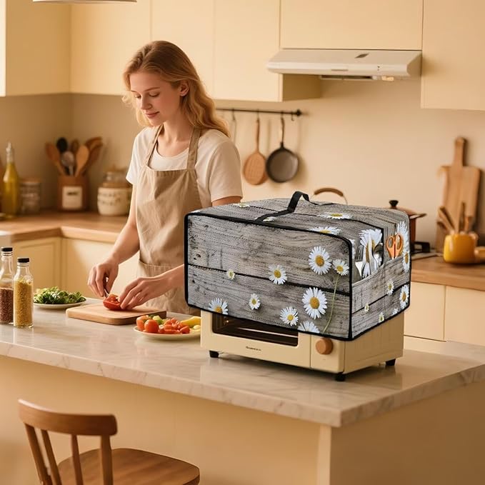 Toaster Oven Cover Washable Small Kitchen Appliance Dust Cover with Pockets, for Air Fryer Toaster Ovens, Microwaves, L, 18.5 x 22.5 x 13 inches, Daisy Wood Grain